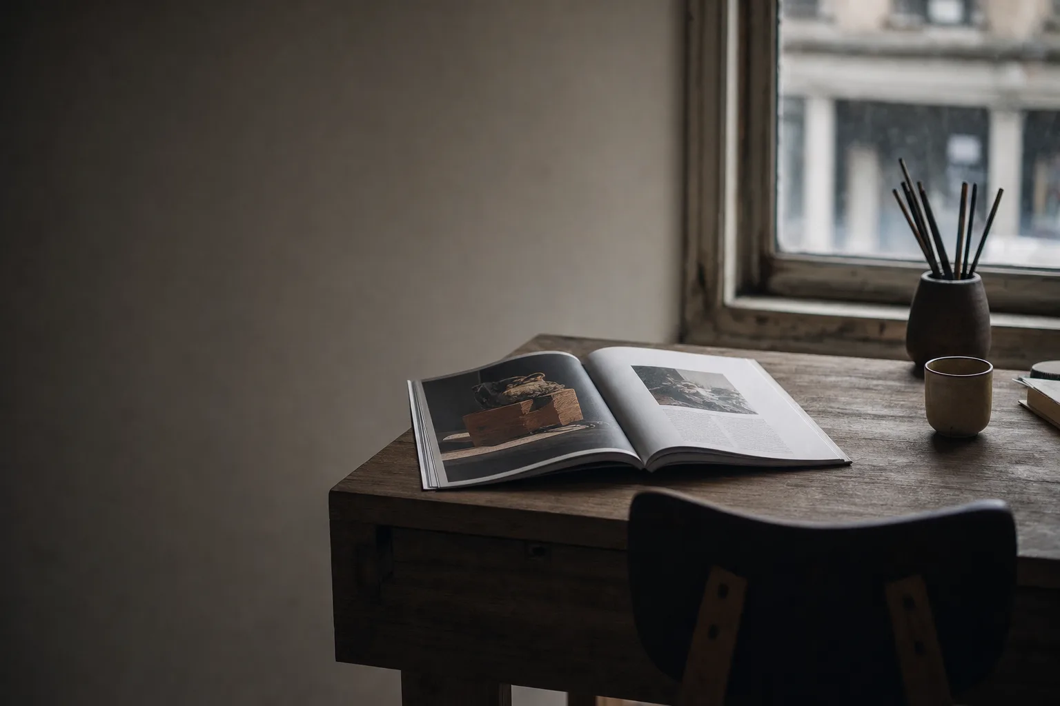 Reading desk with an open magazine
